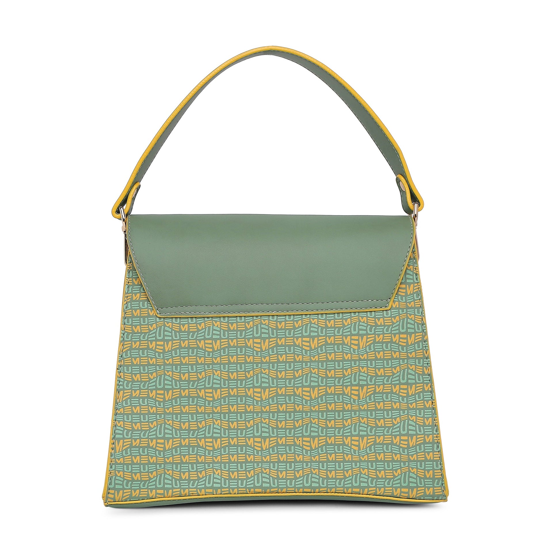 Spike-tail Satchel Handbag in green and yellow patterned design.