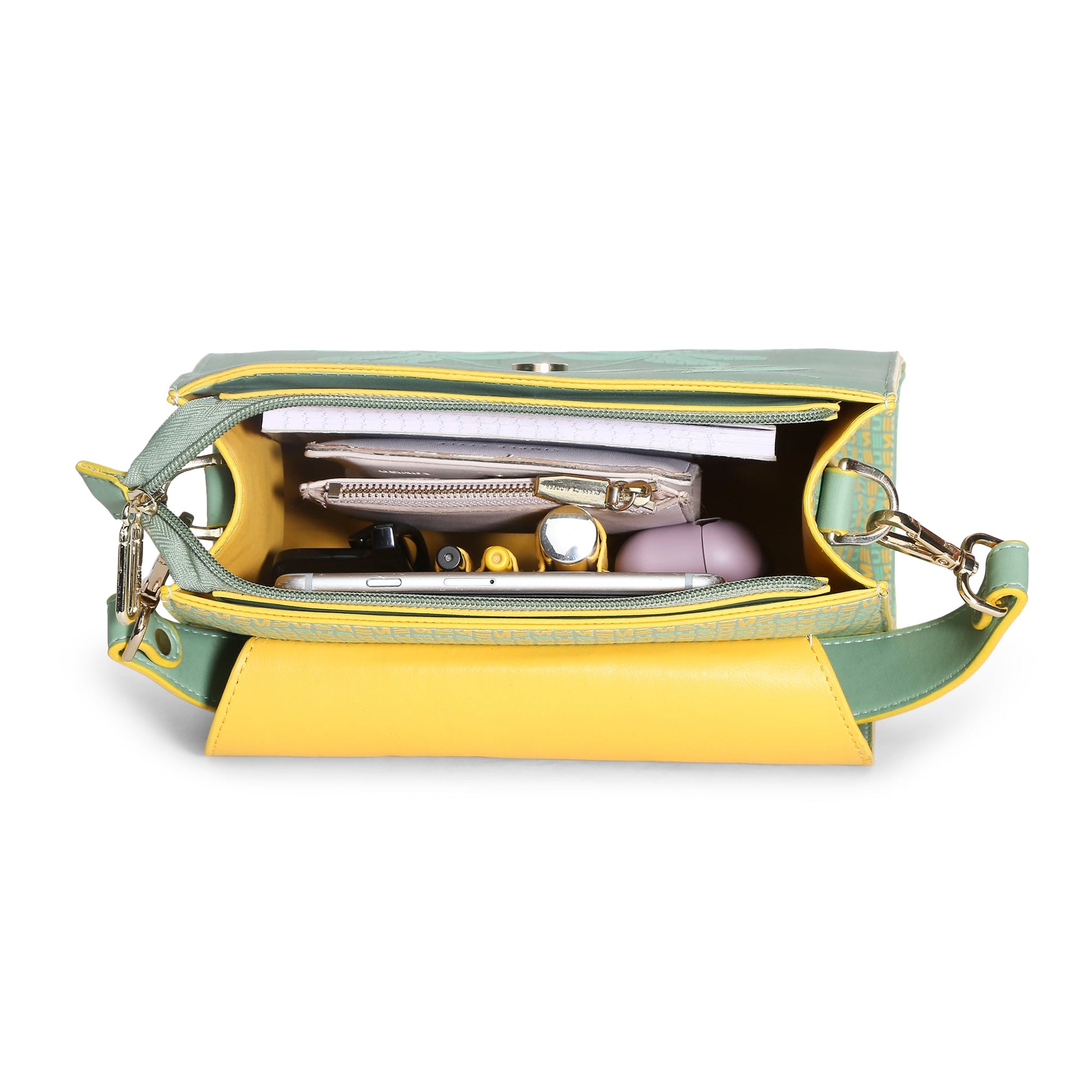 Inside view of Spike-tail Satchel Handbag with organized items.