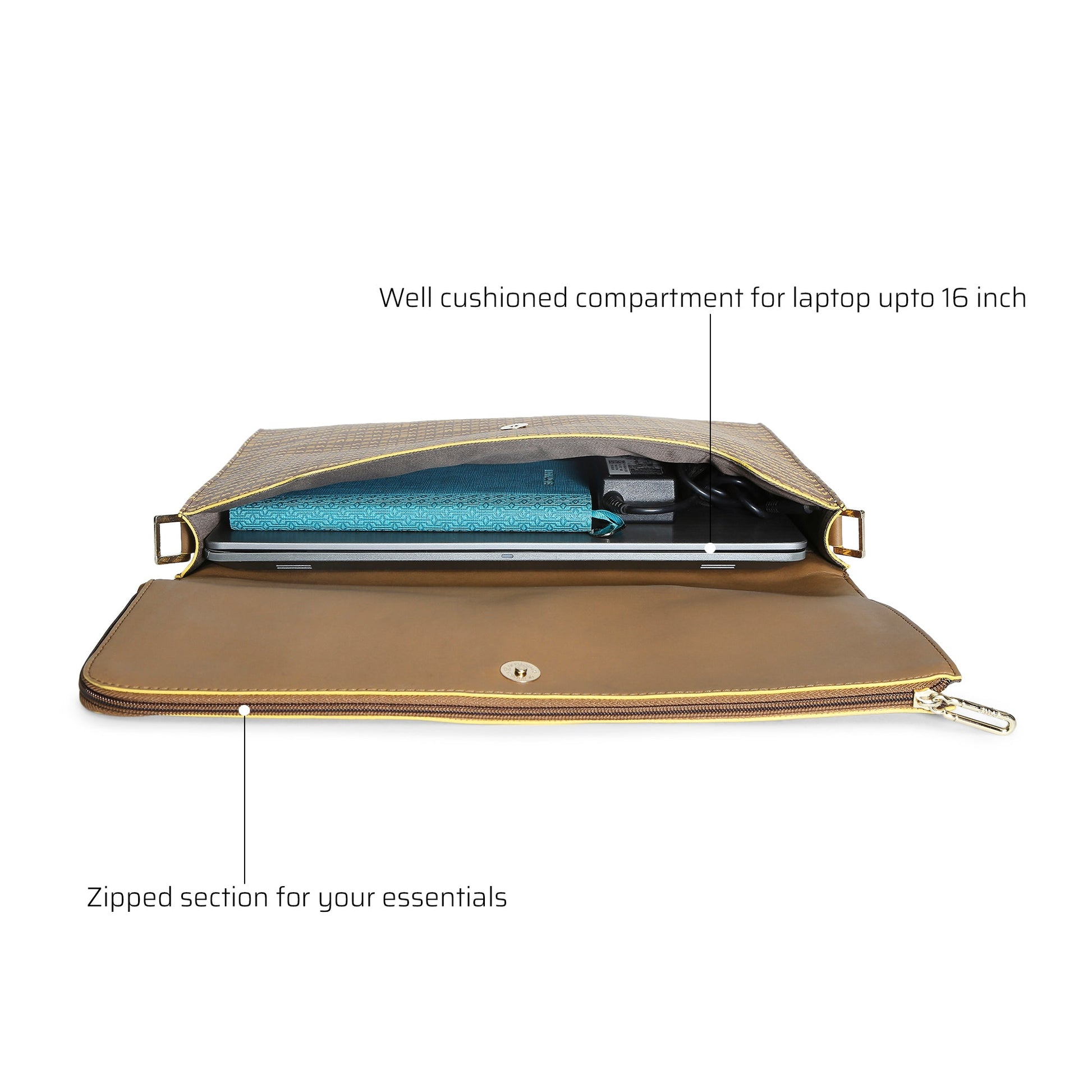 Streamer Messenger Bag interior showcasing cushioned laptop compartment and zipped section.