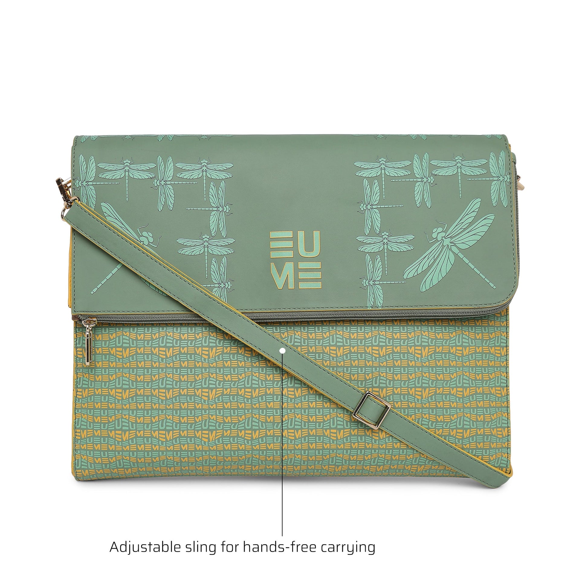 Stylish green messenger bag with adjustable sling and dragonfly design.