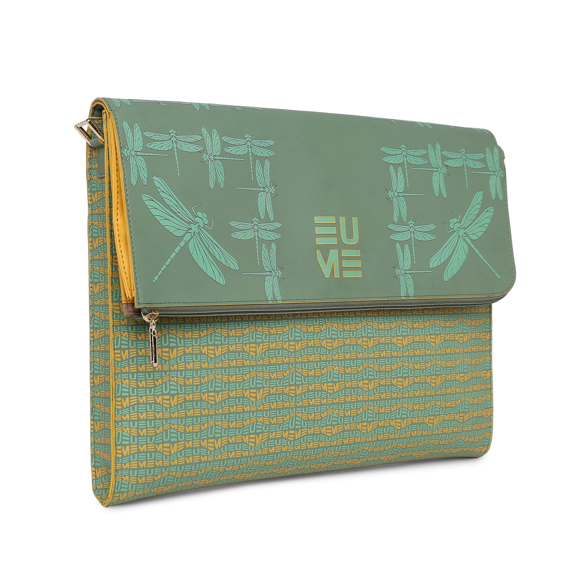 Stylish green Streamer Messenger Bag with dragonfly patterns.