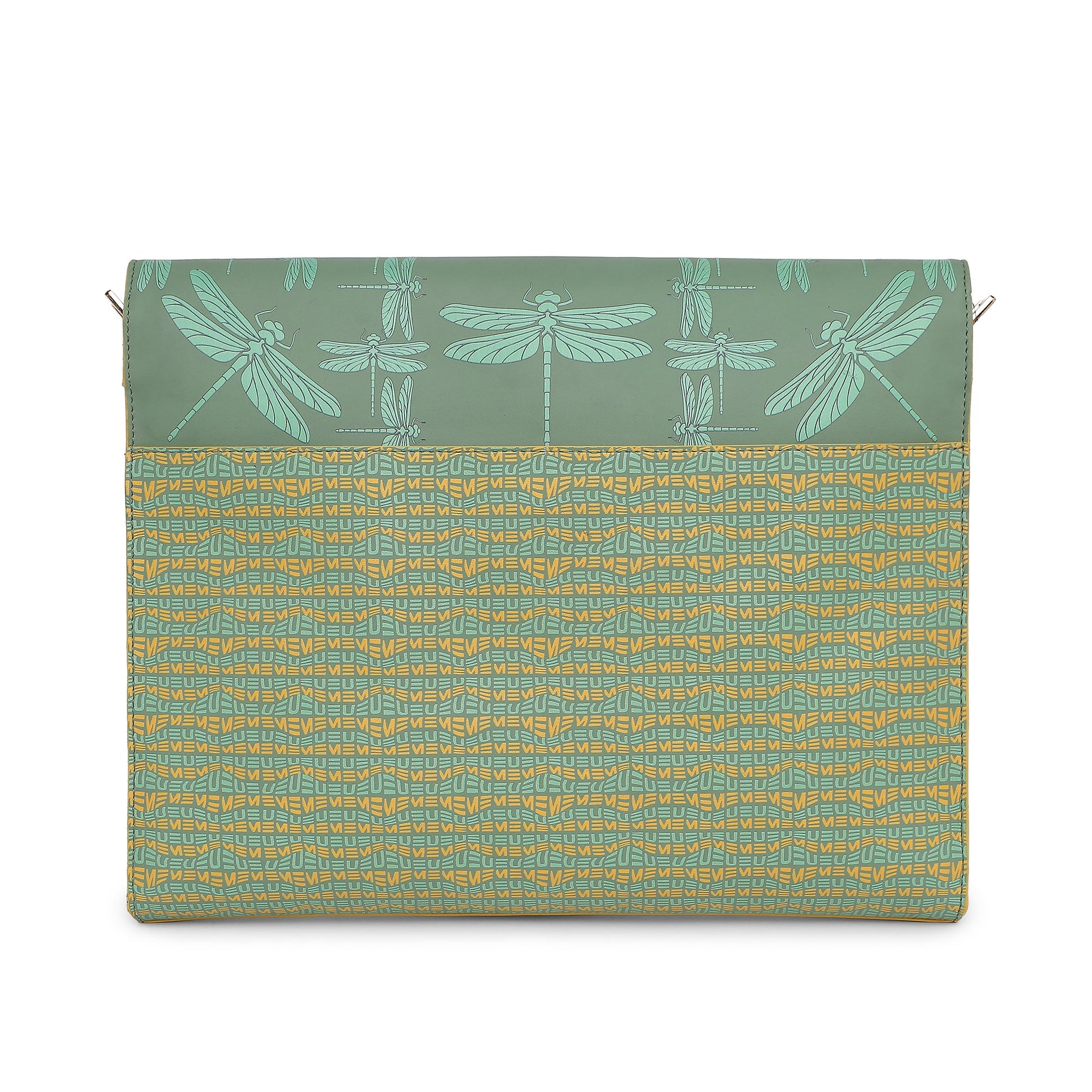 Stylish Streamer Messenger Bag with dragonfly design and green patterns.