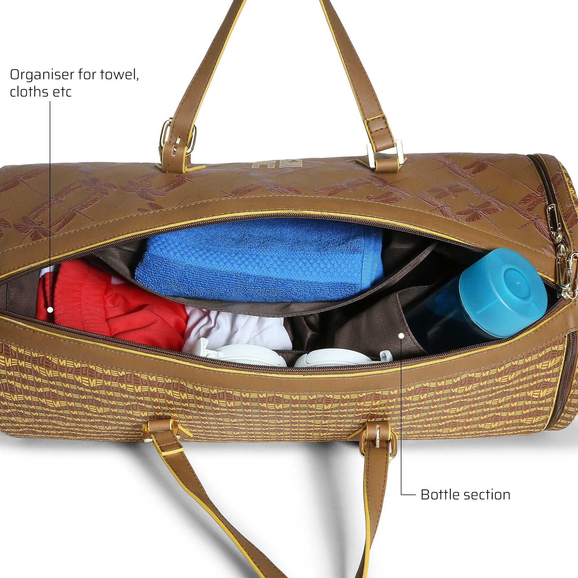 Chopper Duffel Bag interior, showcasing organized compartments for towels and bottles.