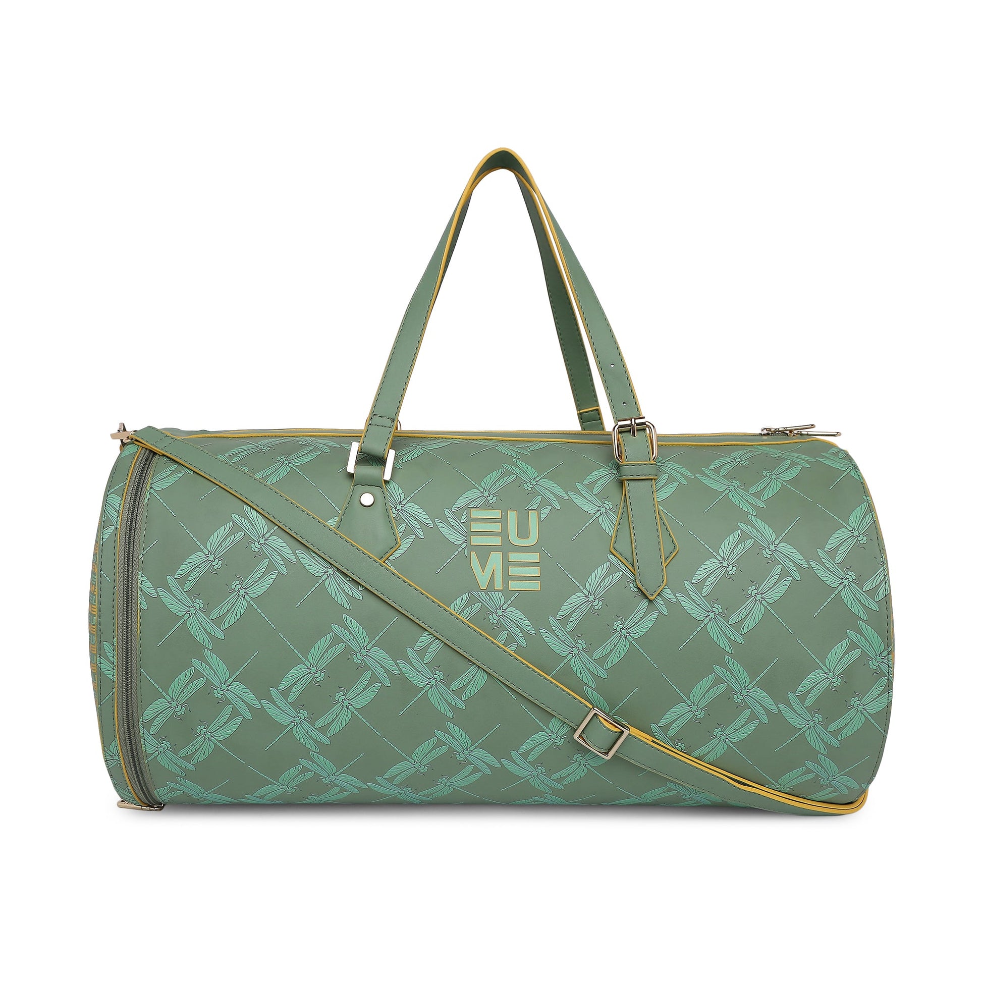 Chopper Duffel Bag in green with stylish dragonfly design.