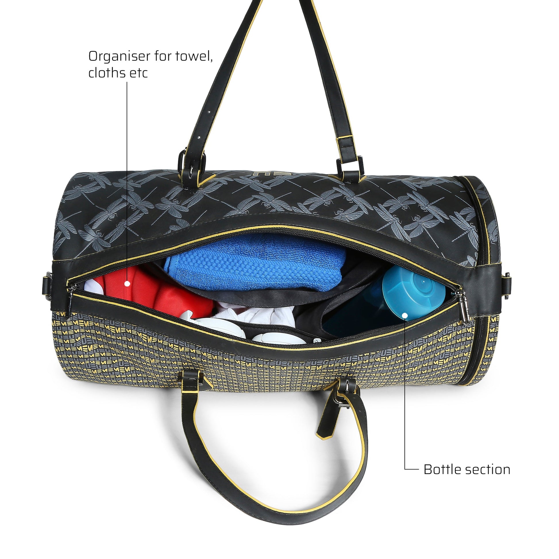 Chopper Duffel Bag with organized compartments for towels and bottles.