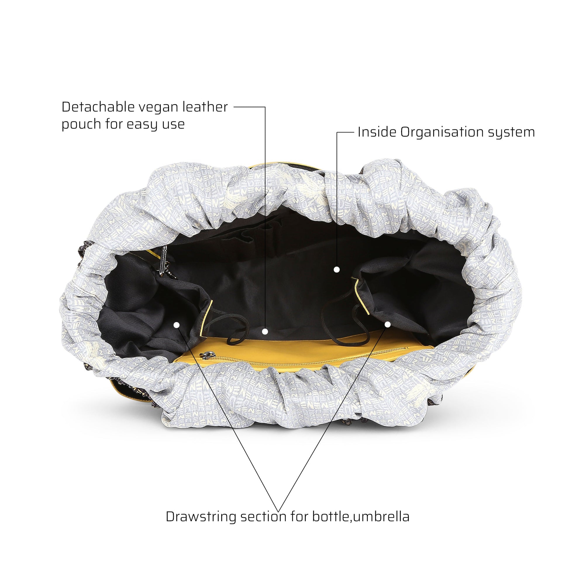 Interior view of Clubtail Bucket Bag with pockets and organization features.