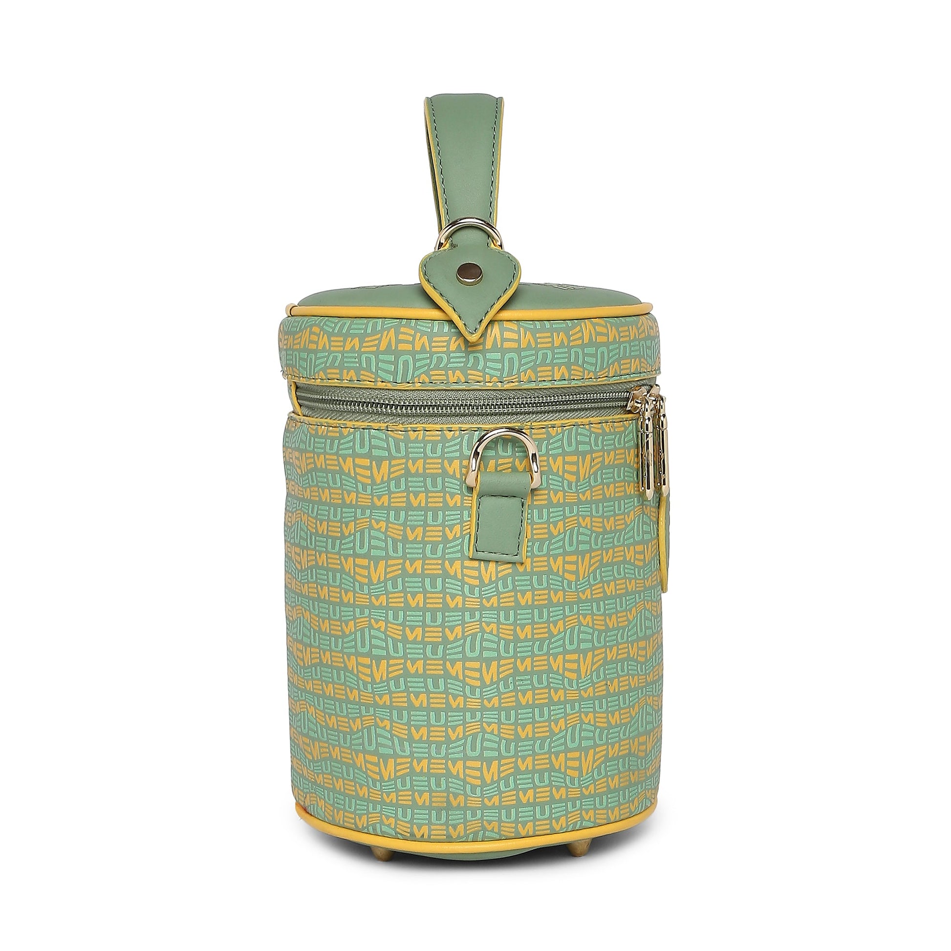 Stylish Picassu Cosmetic Bag with teal and yellow geometric design.