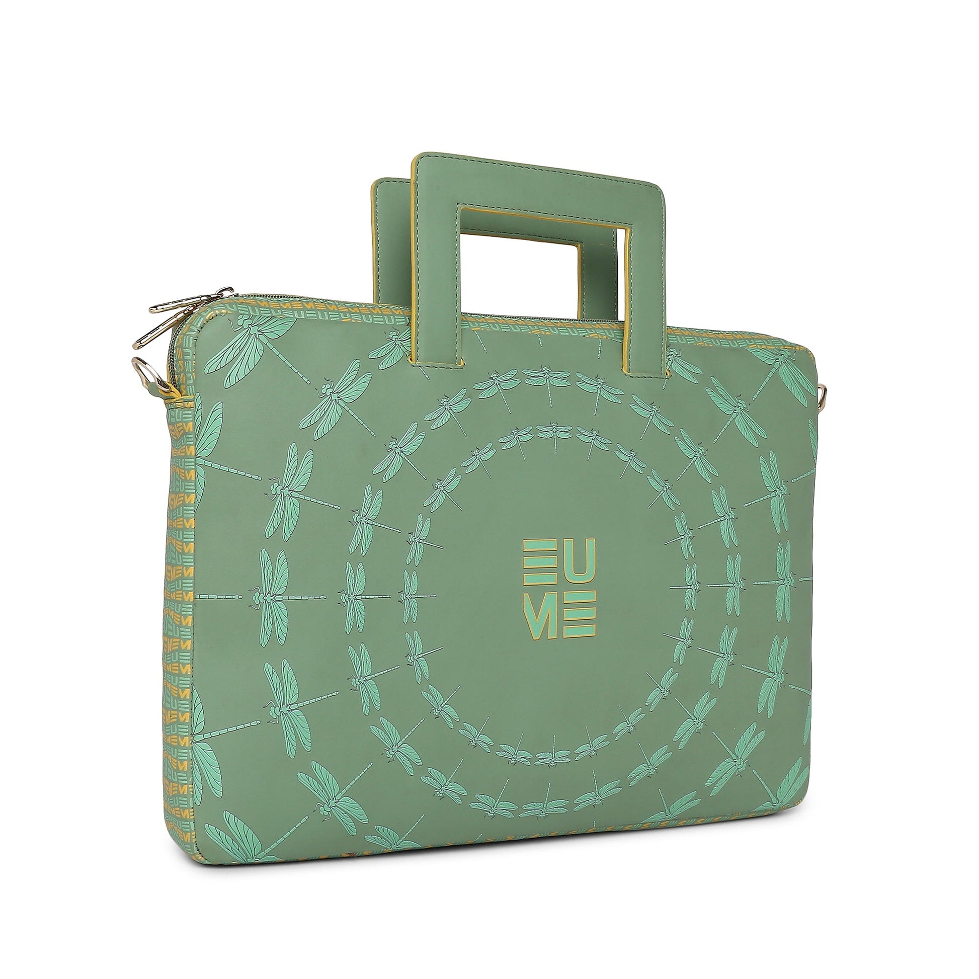 Dasher Laptop Sleeve in green with dragonfly design and handles.