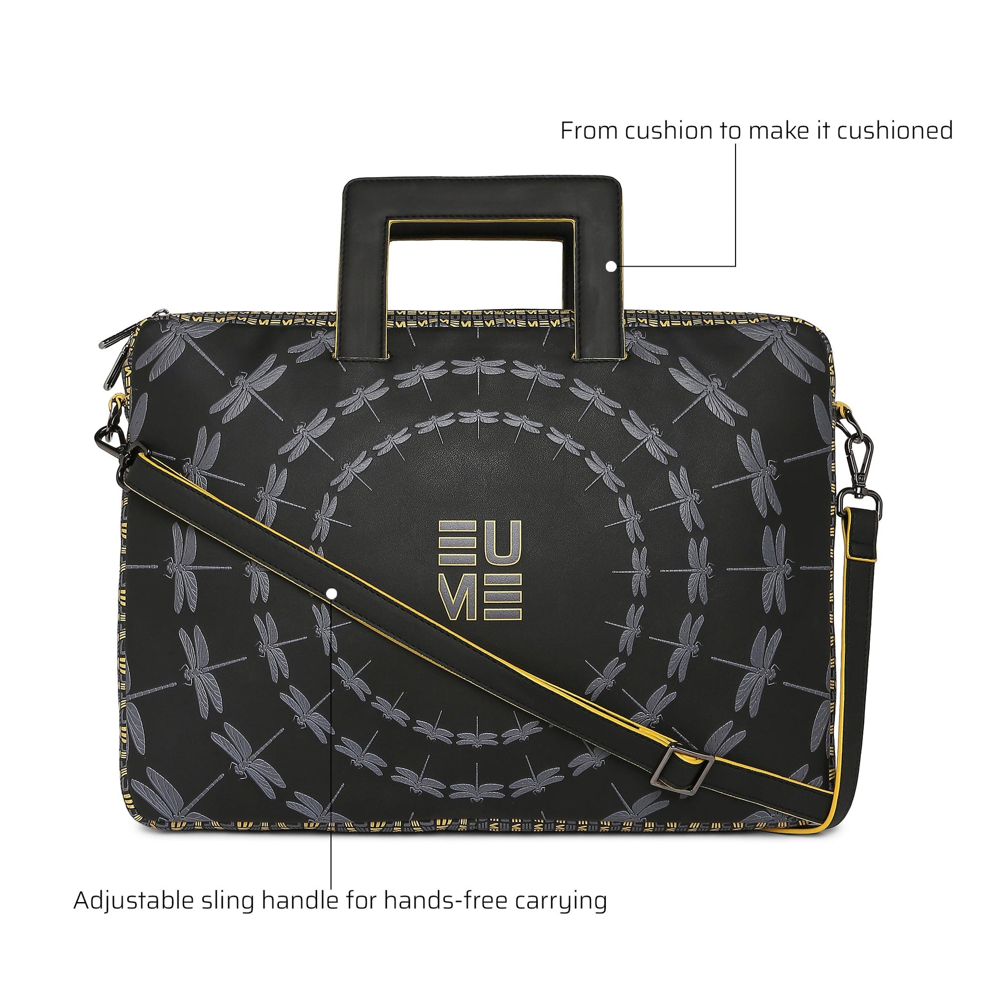 Dasher Laptop Sleeve with adjustable strap and stylish dragonfly design.