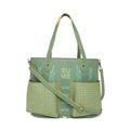 Stylish green Clubtail Bucket Bag with dragonfly design and pockets.