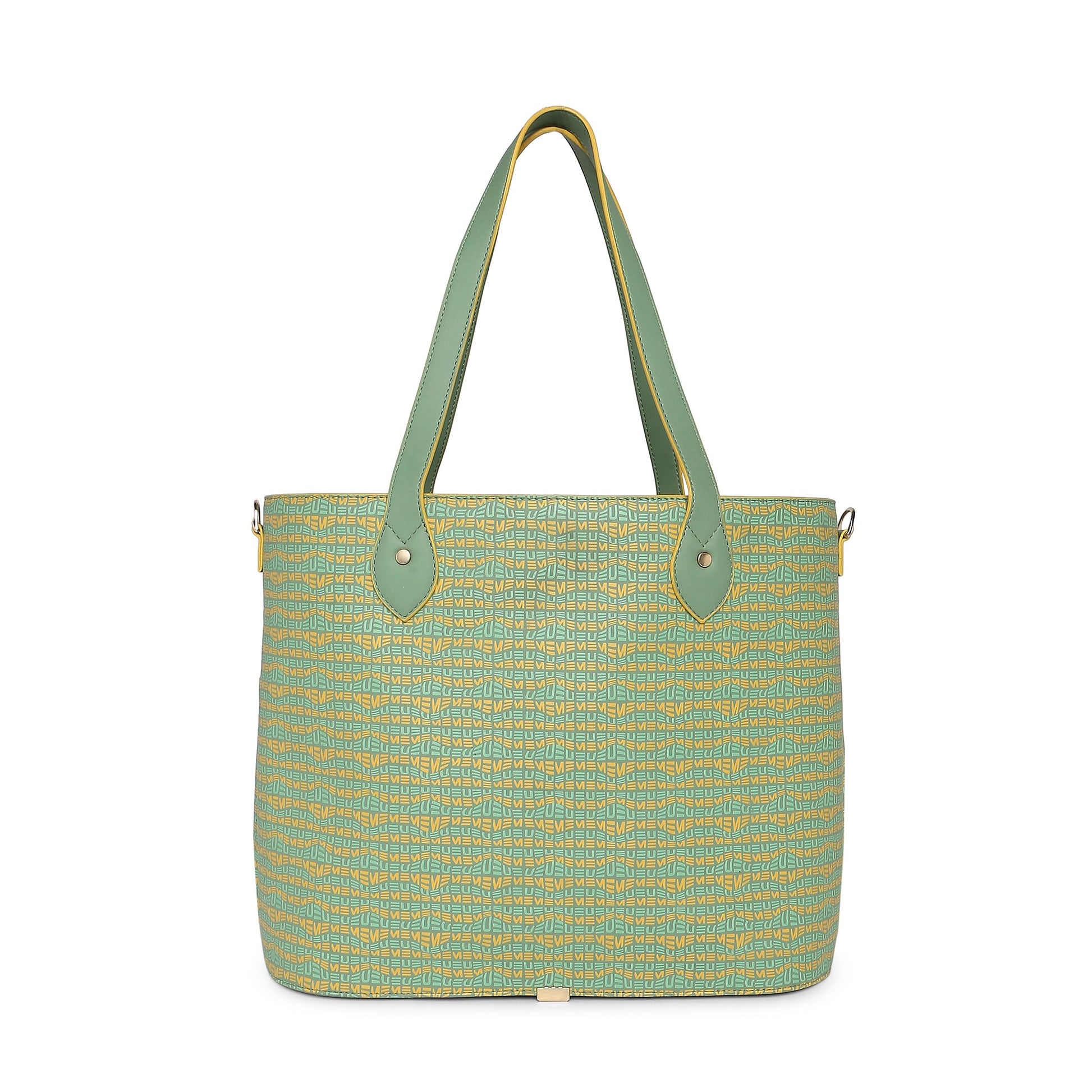 Stylish Clubtail Bucket Bag in green and yellow with textured pattern.