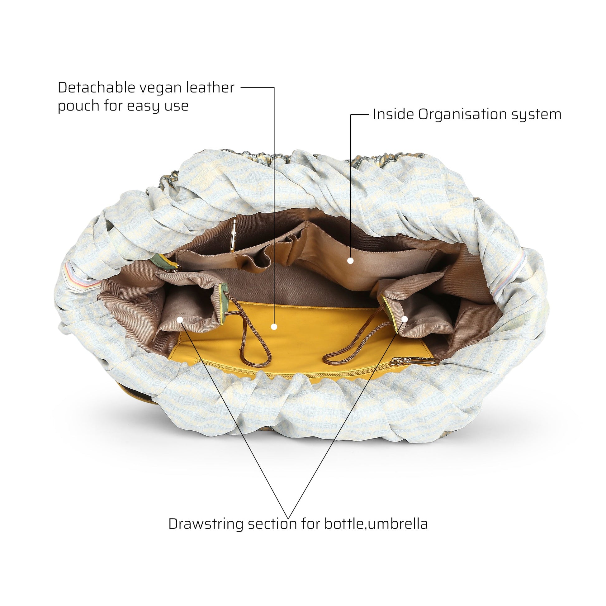 Inside view of Clubtail Bucket Bag with organization features.