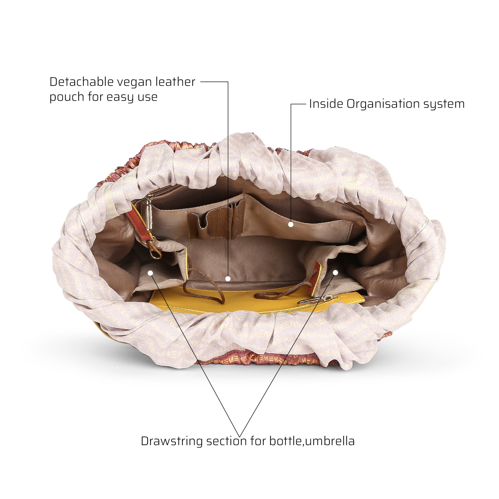 Interior view of Clubtail Bucket Bag showcasing organizational features and pouch.