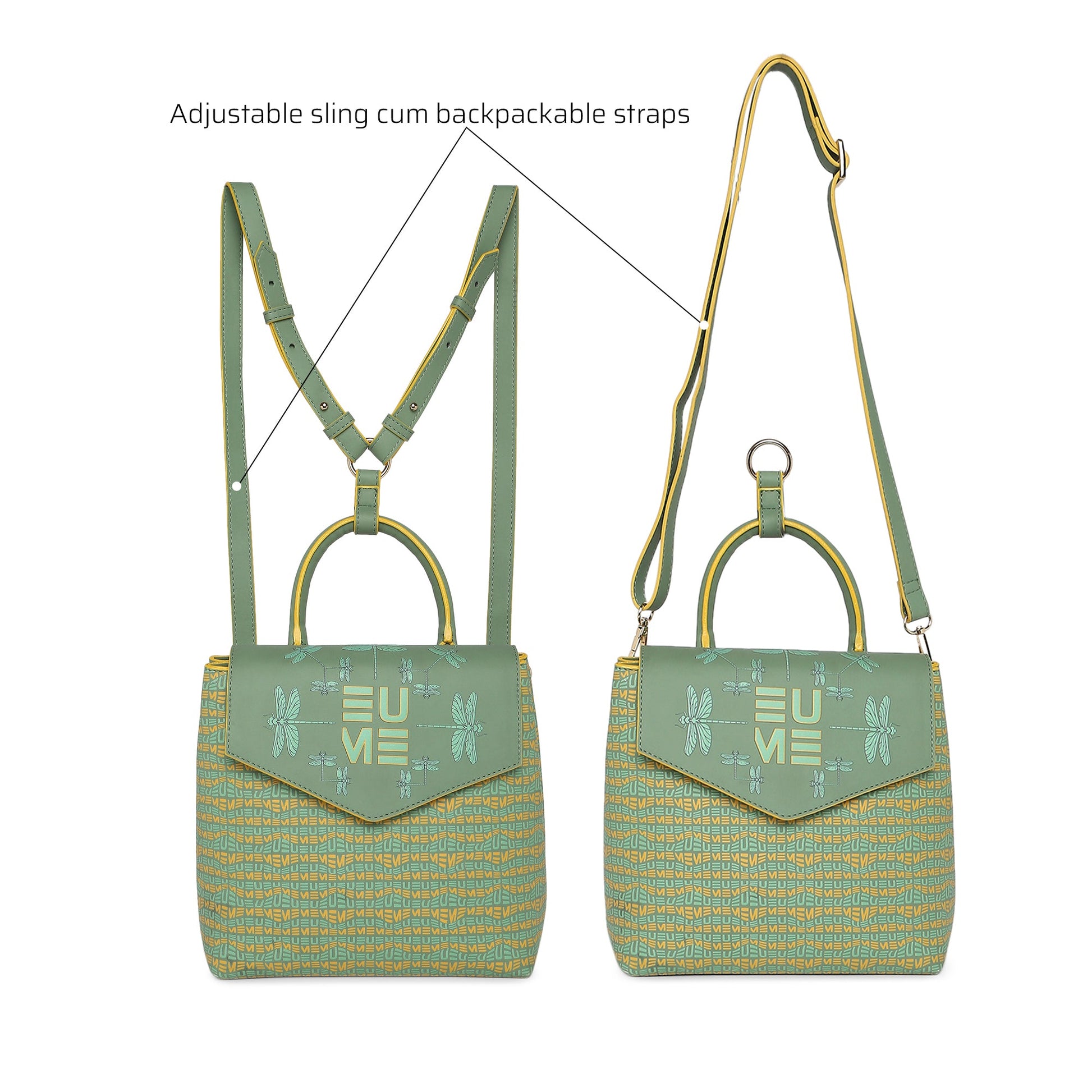 Petal-tail Sling Handbag with adjustable backpack straps in green.