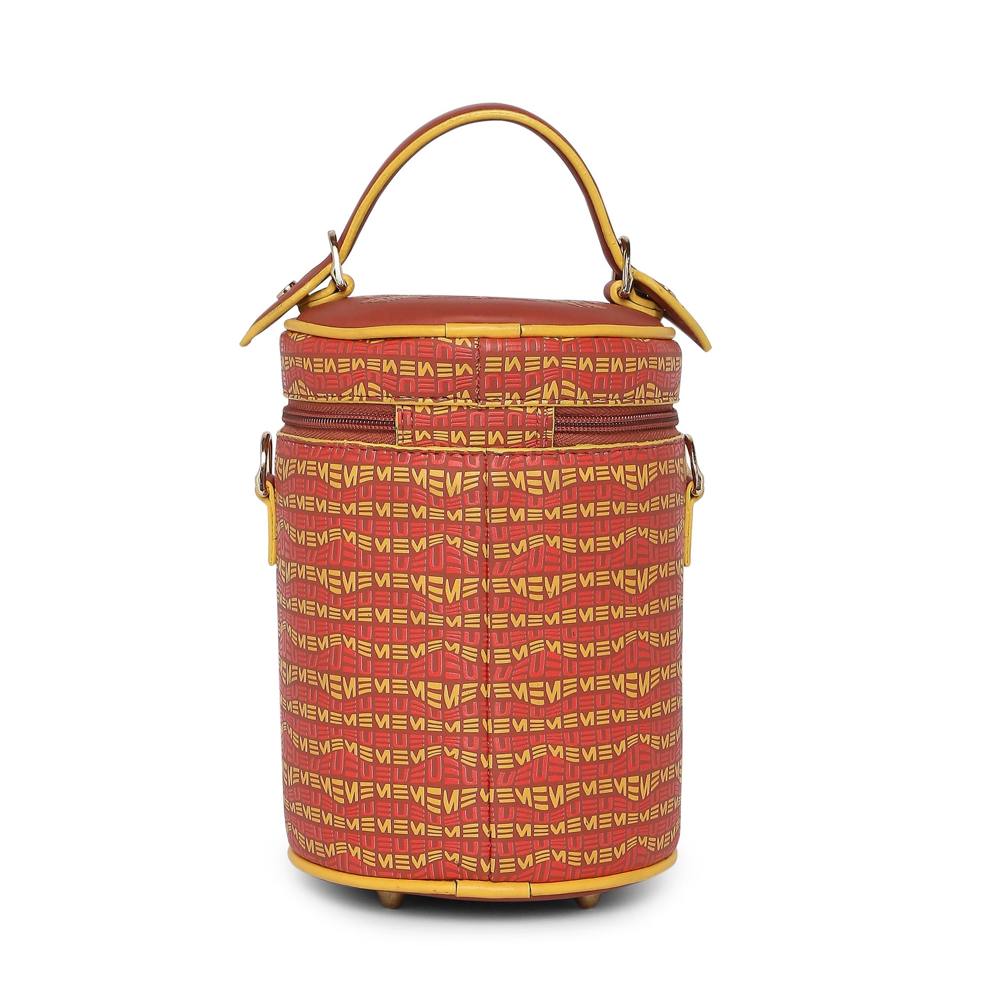 Colorful round Picassu cosmetic bag with stylish design and handle.