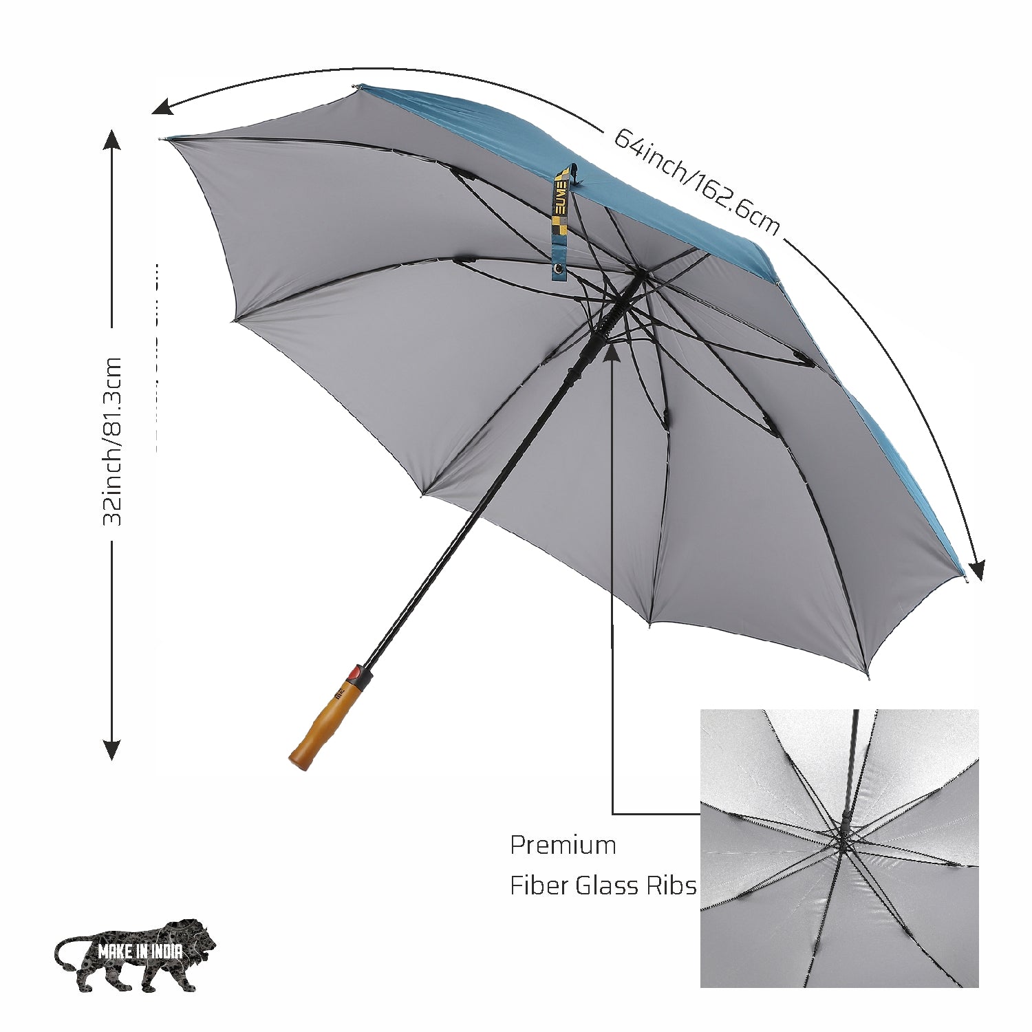 EUME Jumbo 32" Straight HO Umbrella with fiberglass ribs and dimensions.