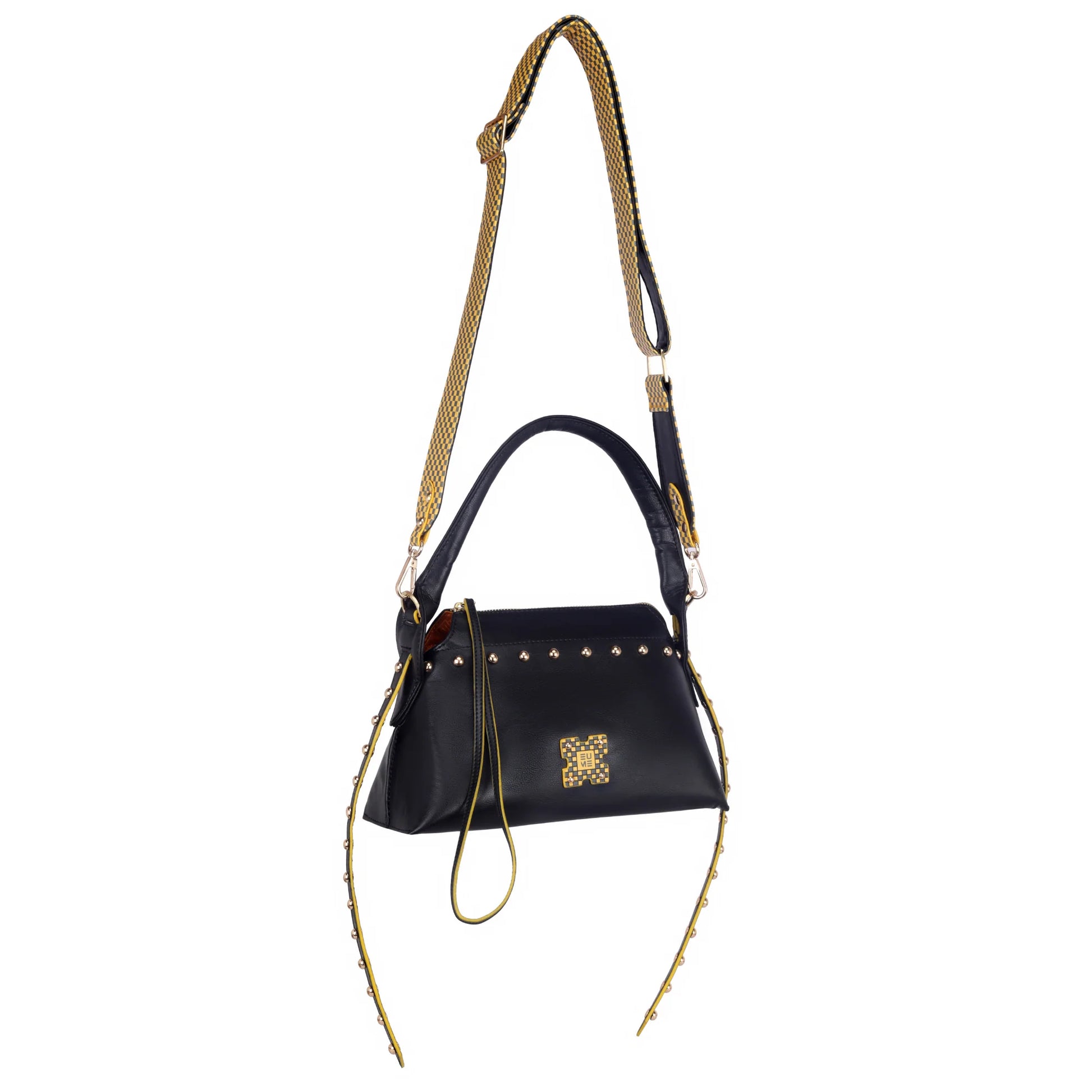 Stylish black Rose Tote Handbag with gold accents and chain strap.