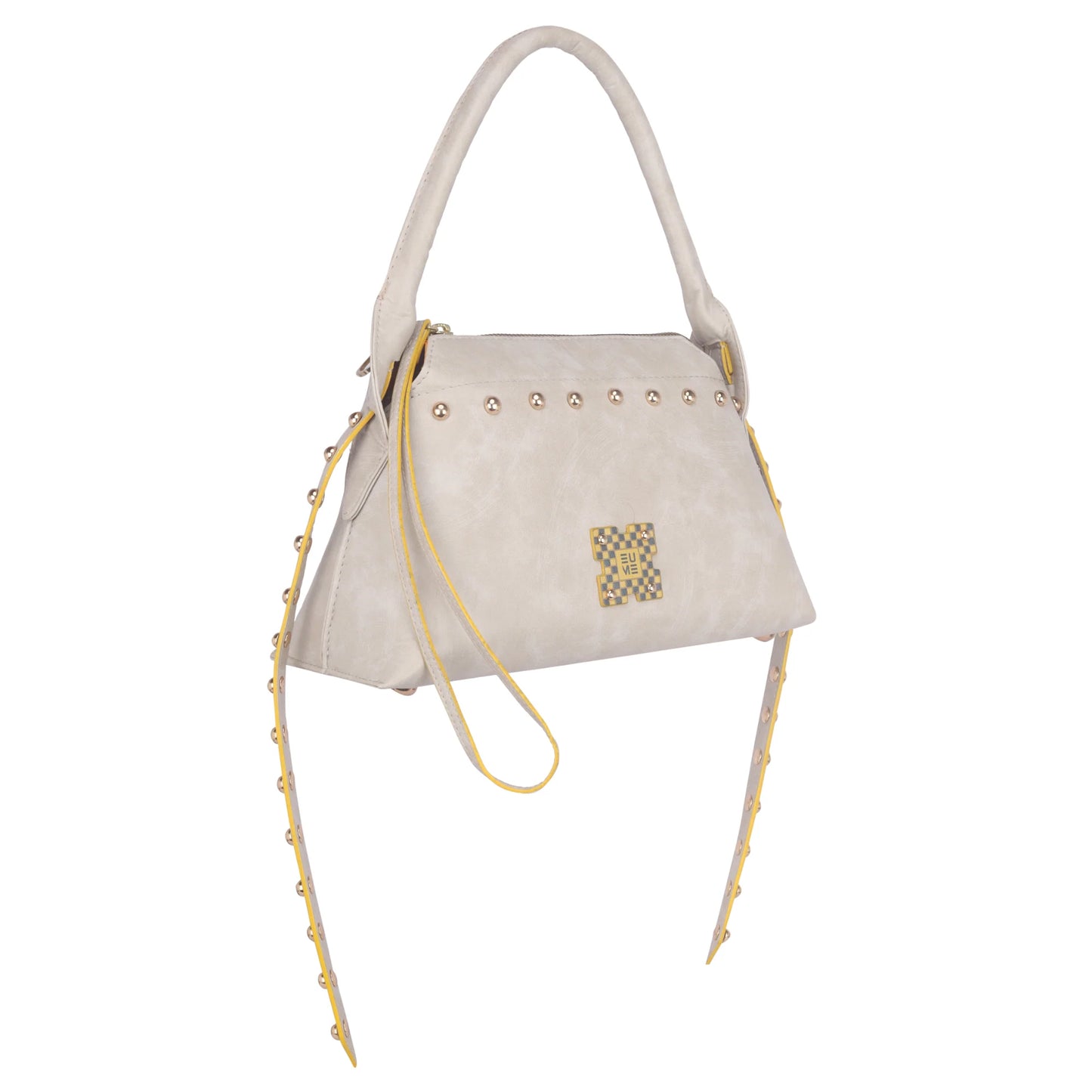 Stylish Rose Tote Handbag with decorative studs and yellow accents.