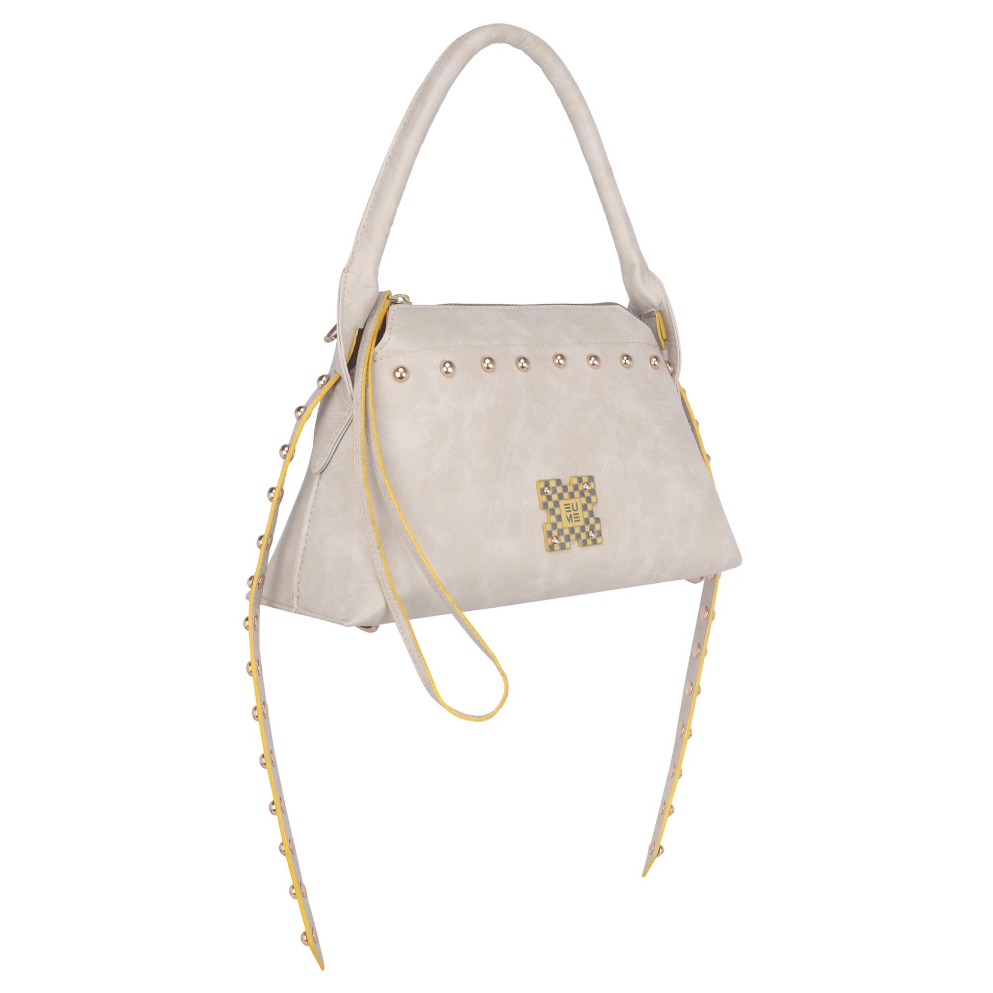 Stylish Rose Tote Handbag with decorative studs and yellow accents.