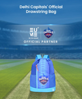 EUME Delhi Capitals 19 Ltrs Drawstring Backpack on a cricket field.