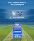 EUME Delhi Capitals 29 Ltrs Laptop Backpack on a cricket field.