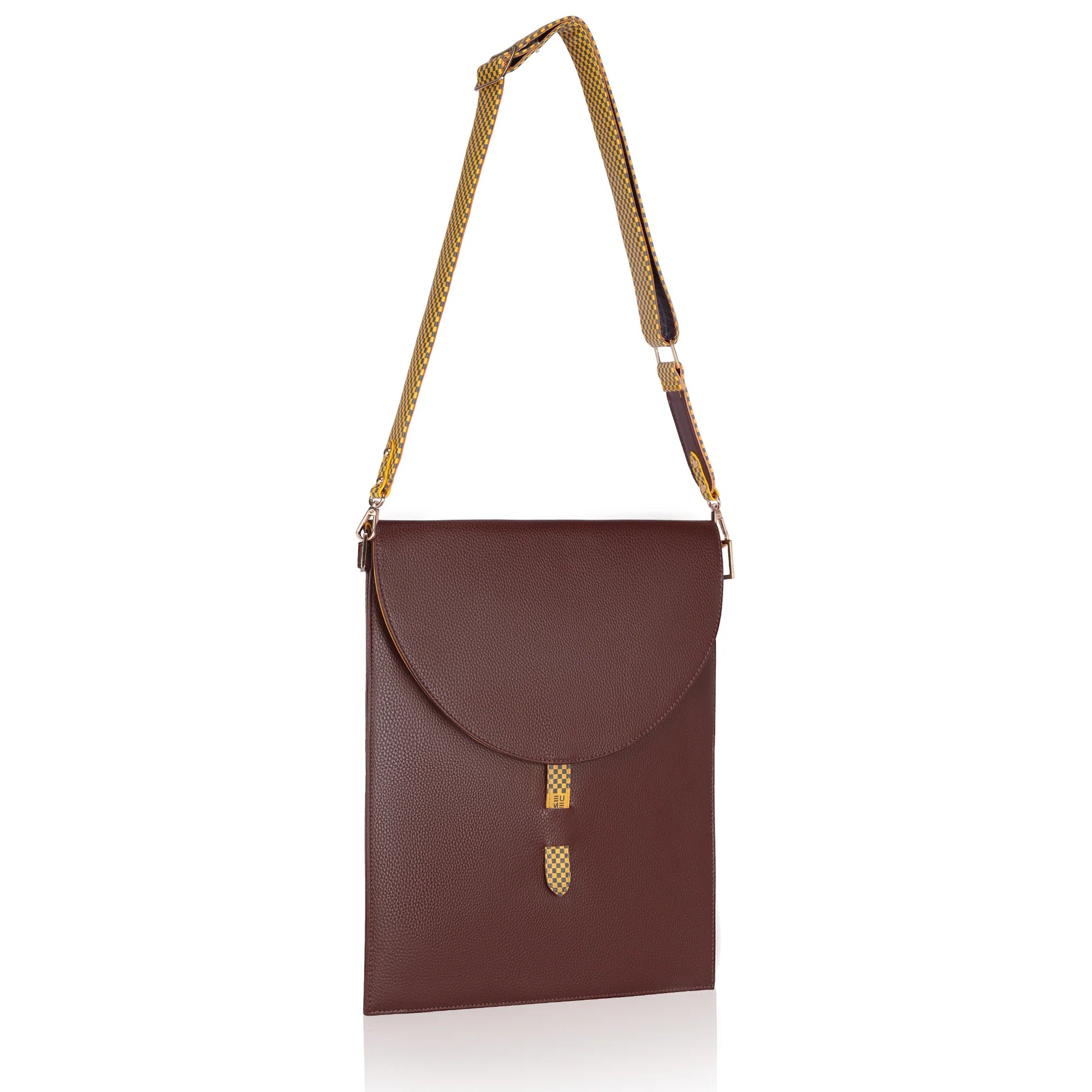 Stylish brown Hibiscus laptop sleeve with adjustable strap.