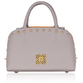 Stylish Marigold Satchel Bag with gold studs and logo detail.