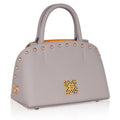 Marigold satchel bag in gray leather with gold studs.