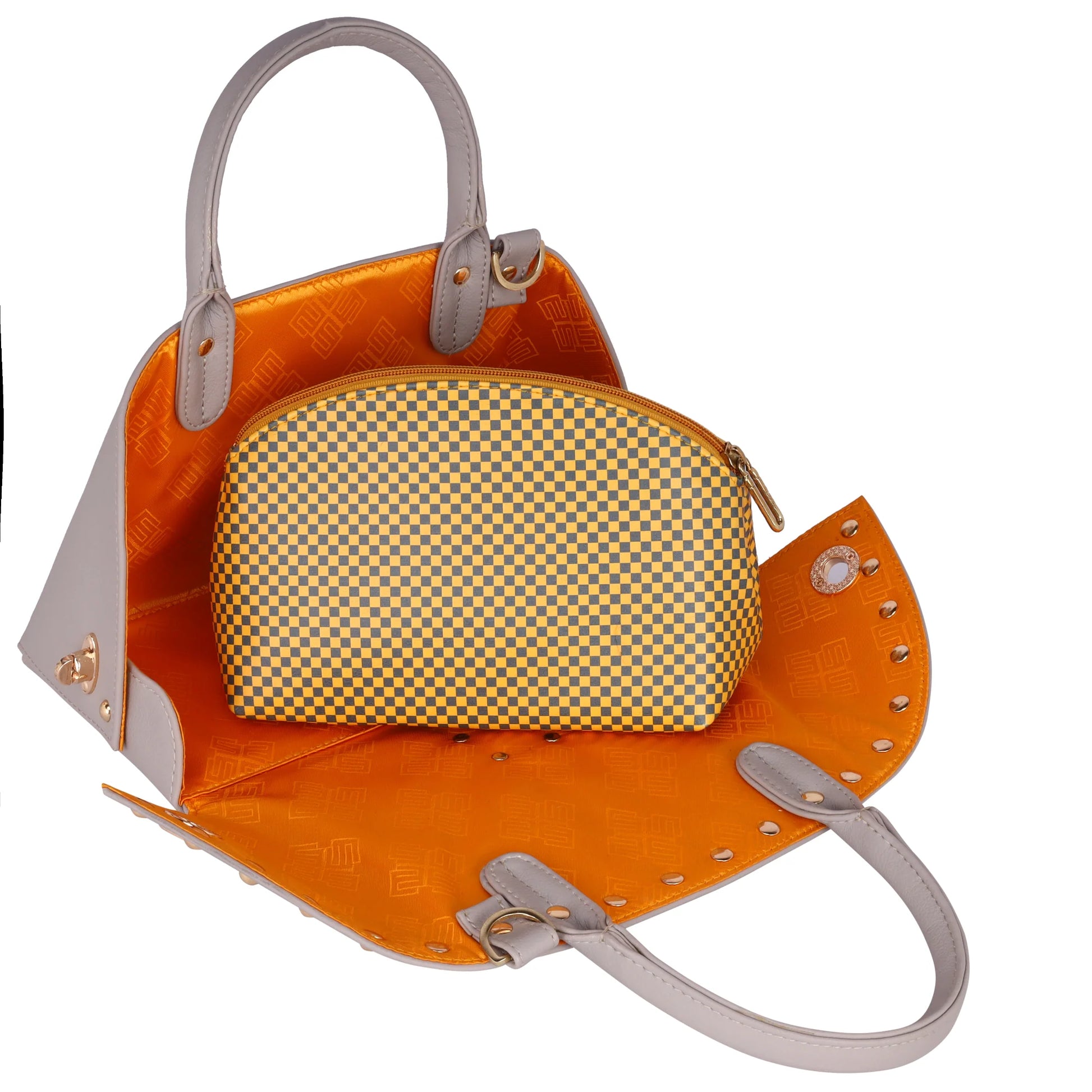 Marigold satchel bag with orange interior and checkered pouch.