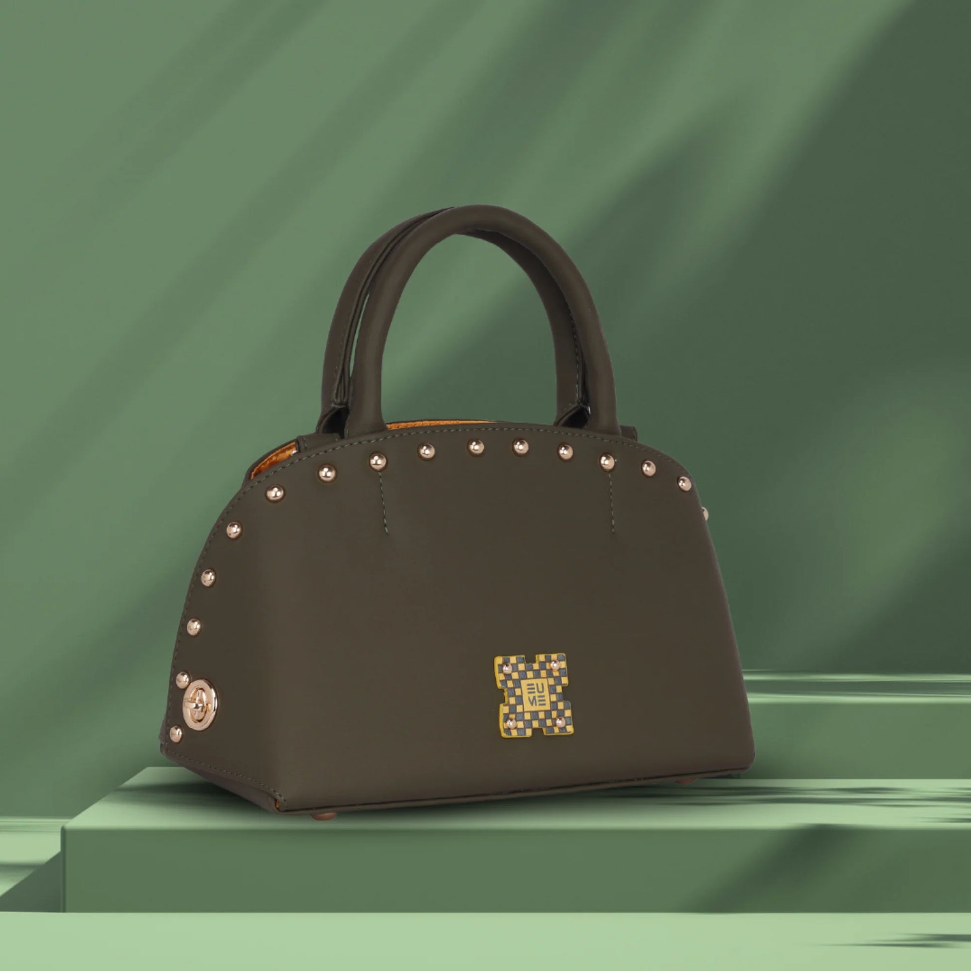 Marigold Satchel Bag in olive green with decorative studs.