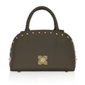 Stylish Marigold Satchel Bag with decorative studs and logo.