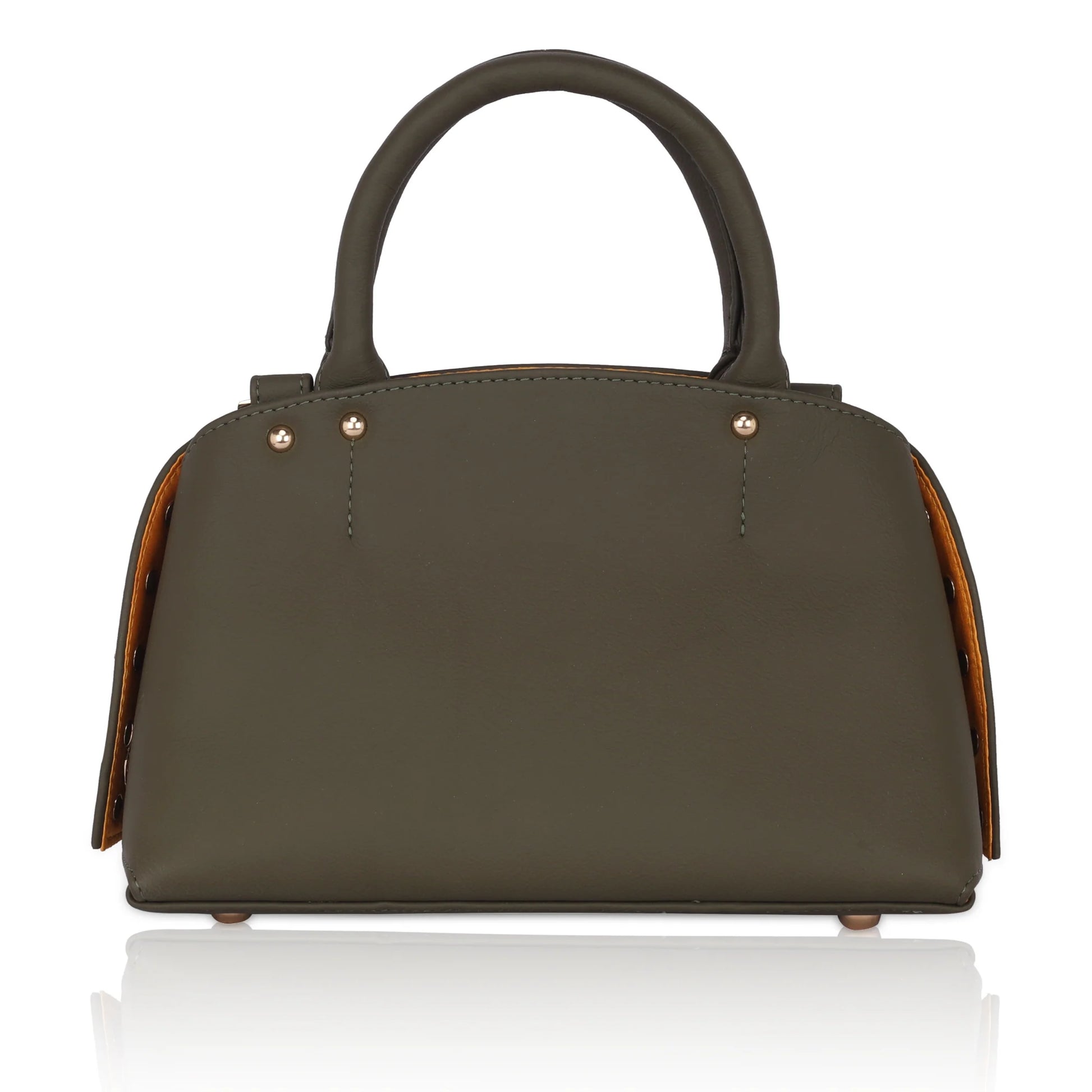 Marigold Satchel Bag in olive green leather with stylish handles.