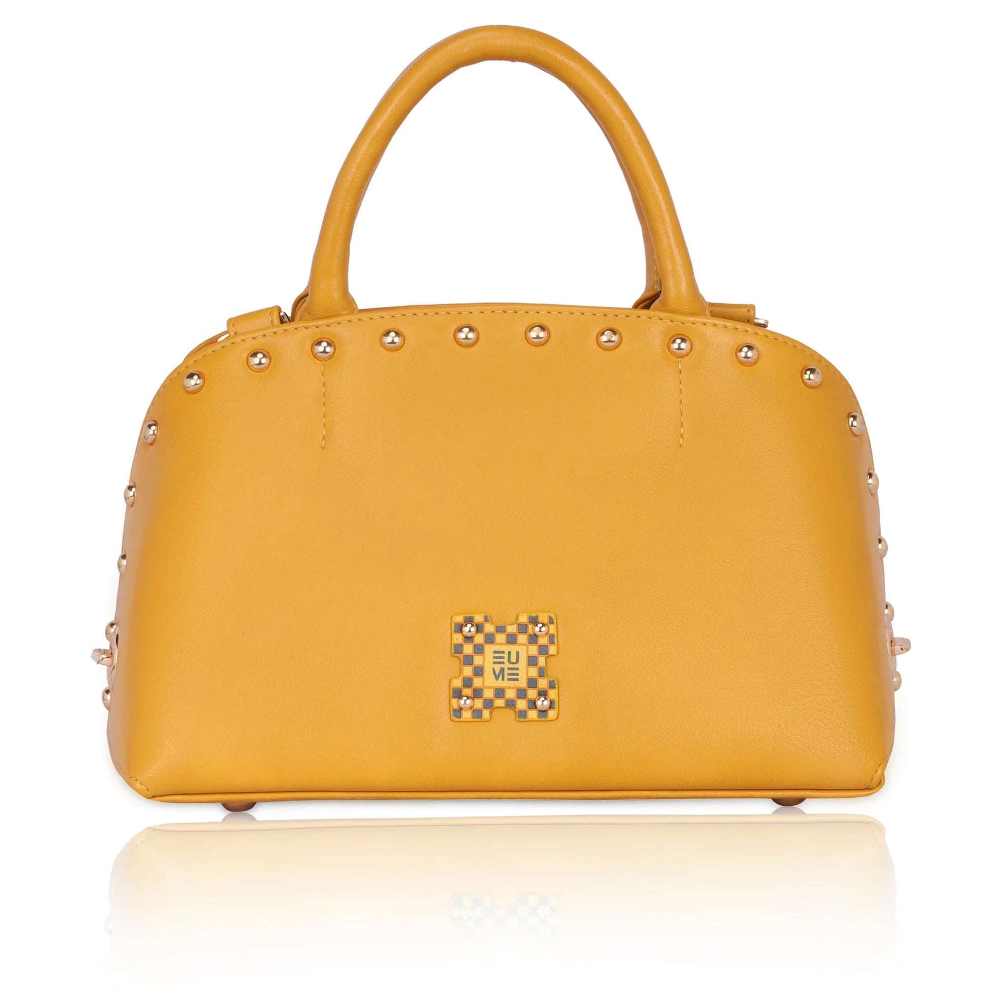 Stylish marigold satchel bag with studded accents and sleek design.