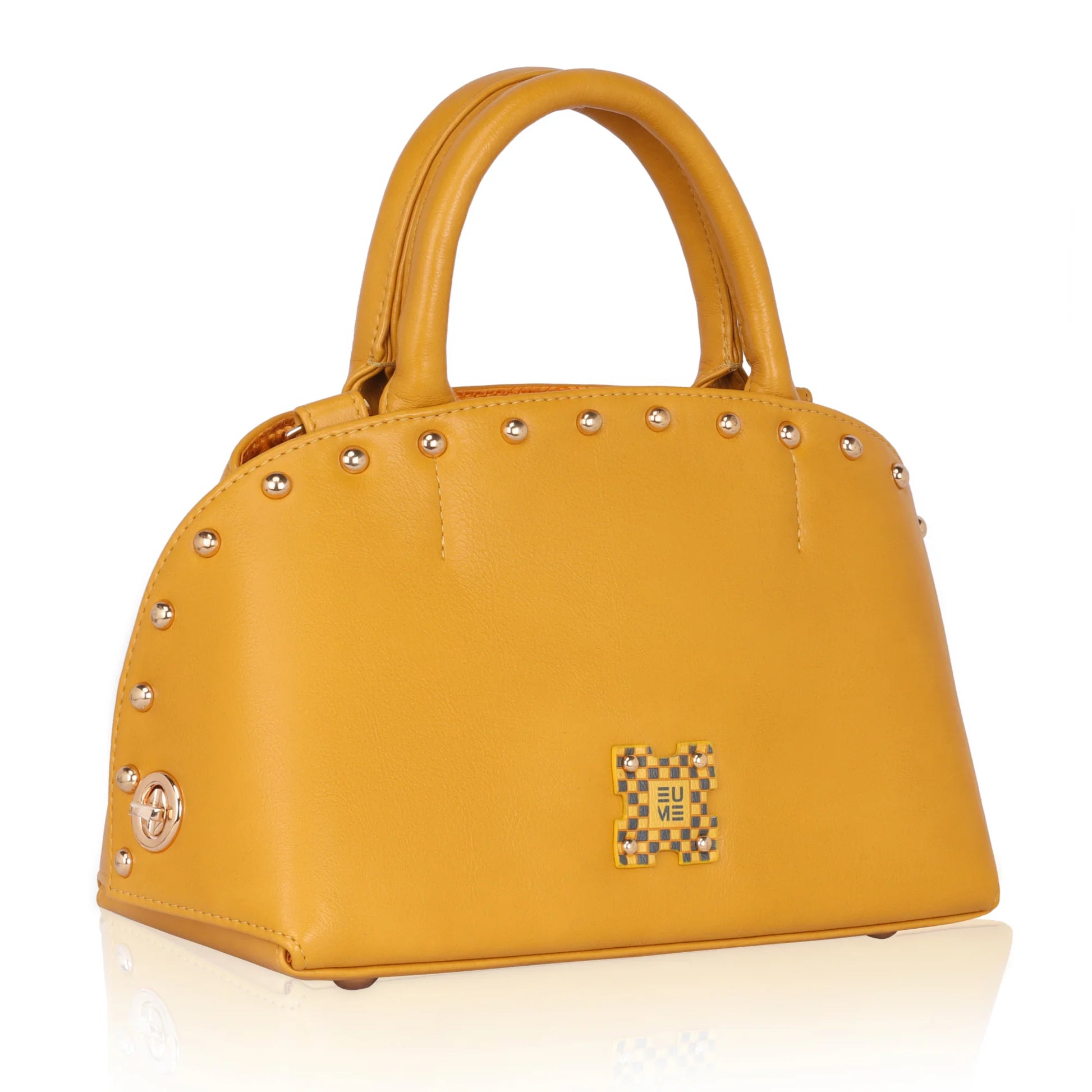 Yellow Marigold Satchel Bag with studded details and stylish handles.