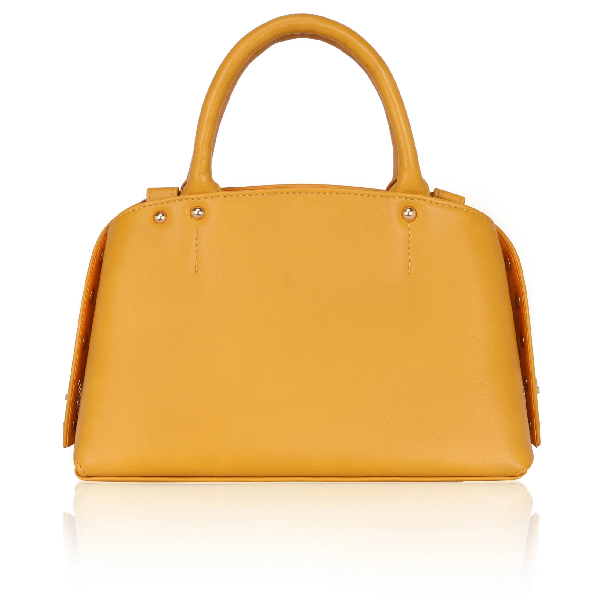 Marigold Satchel Bag in vibrant yellow leather with stylish handles.