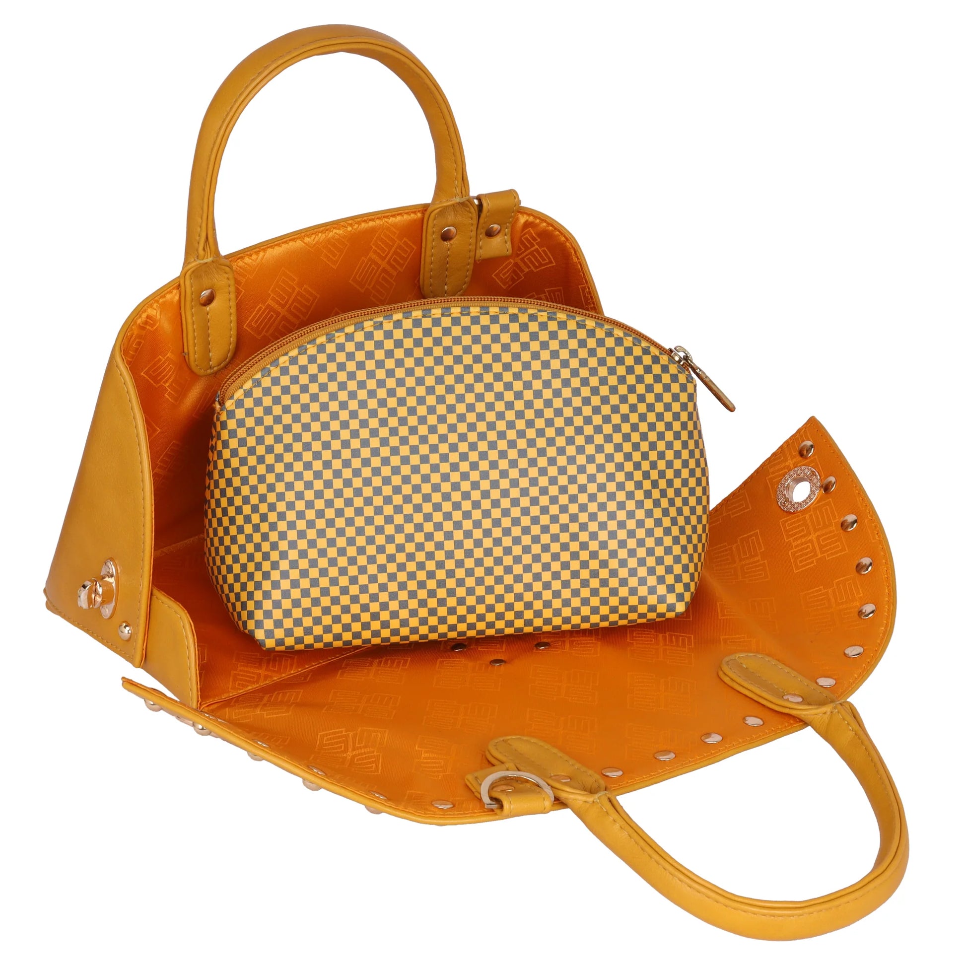 Marigold Satchel Bag with matching checked pouch inside, stylish and vibrant.