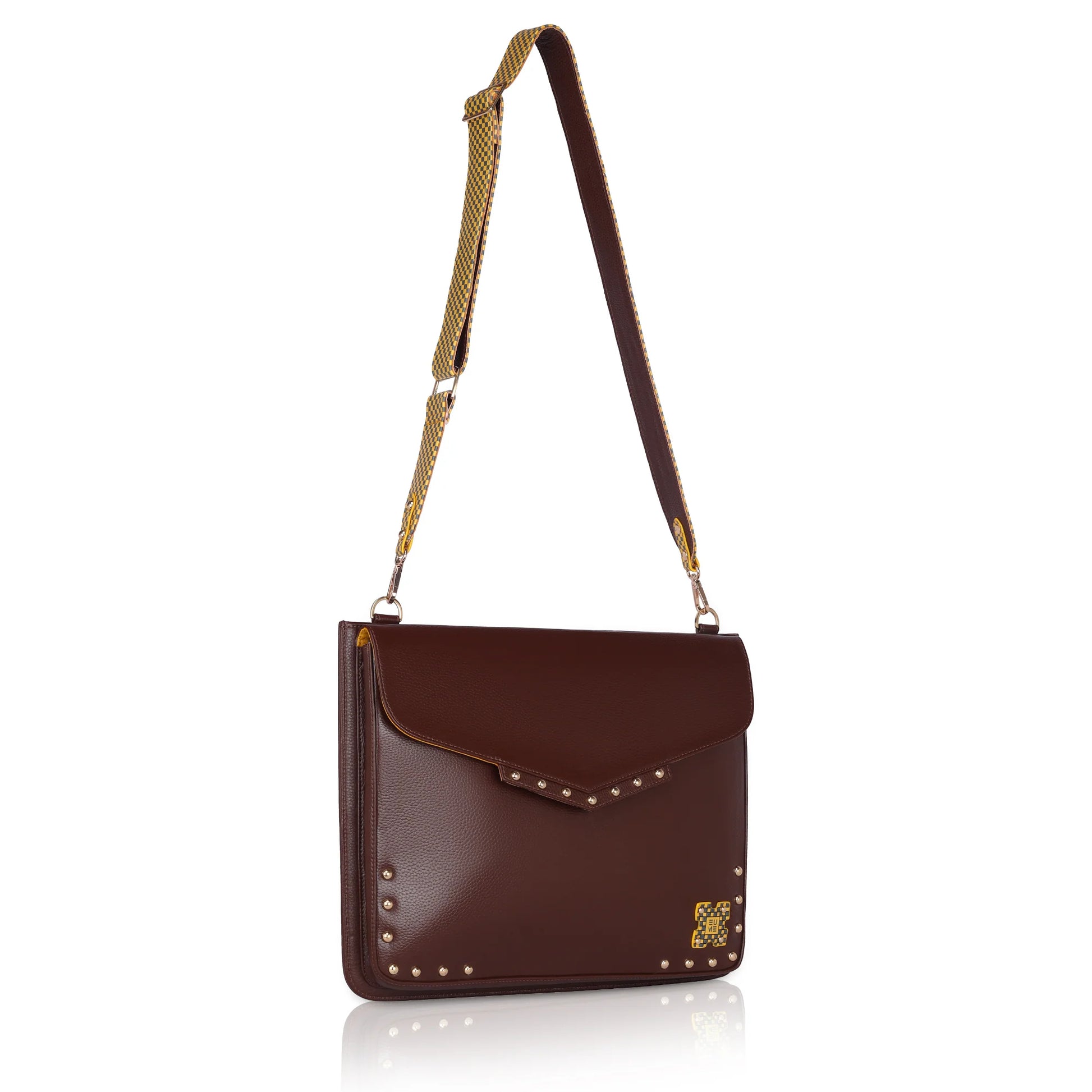 Sage Laptop Messenger Bag in brown leather with stylish studs and strap.